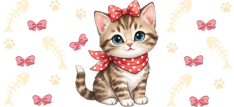 Cute Tabby Kitten with Pink Bow UV DTF Cup Wrap for 16oz Glass Can