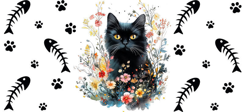 Black Cat Floral Artwork UV DTF Cup Wrap for 16oz Glass Can