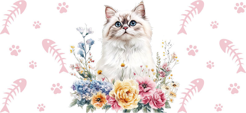 White Cat Flower Garden UV DTF Cup Wrap for 16oz Glass Can