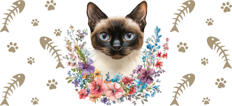 Siamese Cat Floral Art UV DTF Cup Wrap for 16oz Glass Can
