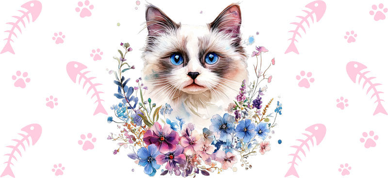 Ragdoll Kitten Flower Garden UV DTF Cup Wrap for 16oz Glass Can