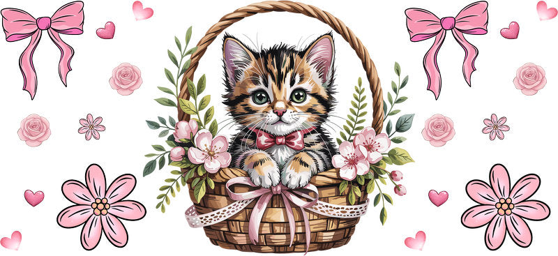 Floral Kitten Wreath Design UV DTF Cup Wrap for 16oz Glass Can