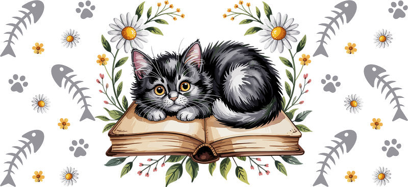 Sleeping Cat Book Lover UV DTF Cup Wrap for 16oz Glass Can