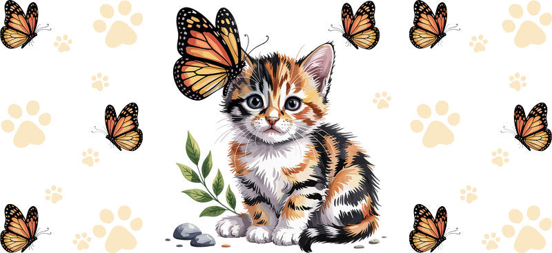 Butterfly Kitten Floral Garden UV DTF Cup Wrap for 16oz Glass Can