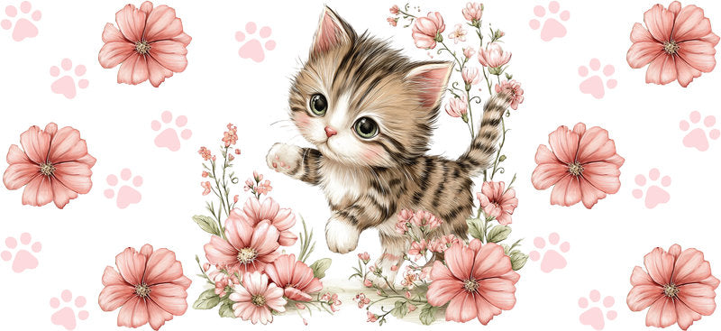 Pink Floral Kitten Cute Cat UV DTF Cup Wrap for 16oz Glass Can
