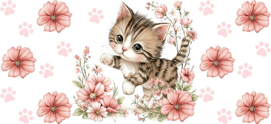 Pink Floral Kitten Cute Cat UV DTF Cup Wrap for 16oz Glass Can