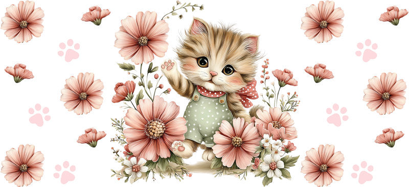 Spring Garden Kitten Flower Design UV DTF Cup Wrap for 16oz Glass Can