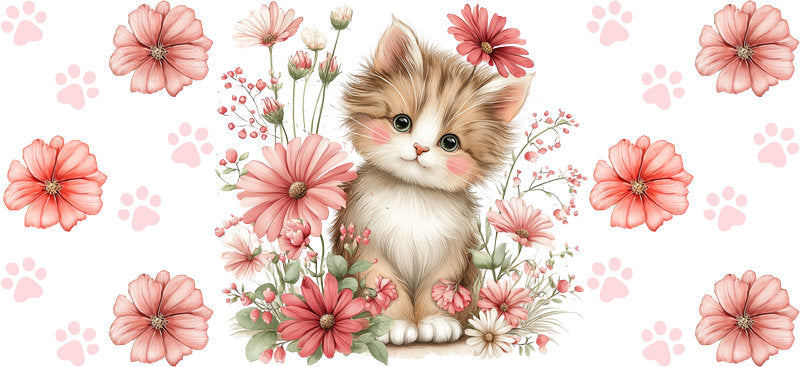 Blush Floral Kitten Cute Cat UV DTF Cup Wrap for 16oz Glass Can