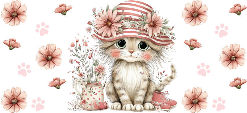 Vintage Sunhat Kitten Floral Garden UV DTF Cup Wrap for 16oz Glass Can