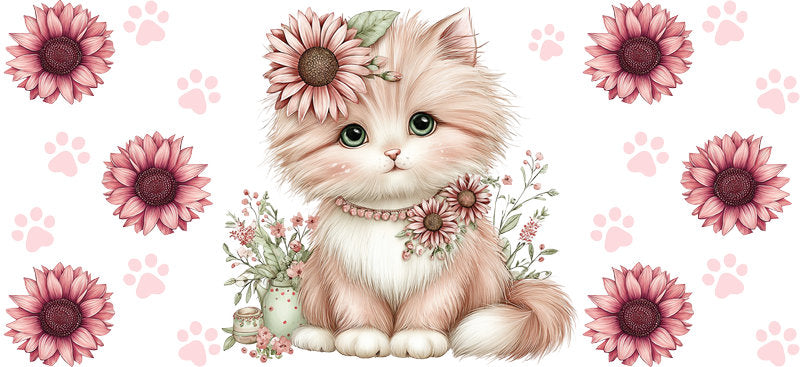 Pink Daisy Kitten Cute Floral UV DTF Cup Wrap for 16oz Glass Can