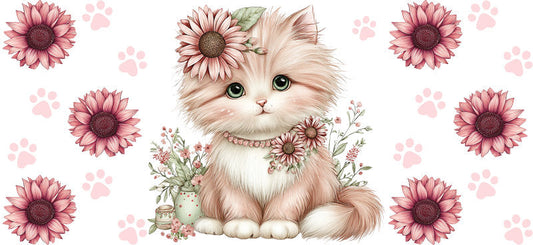 Pink Daisy Kitten Cute Floral UV DTF Cup Wrap for 16oz Glass Can