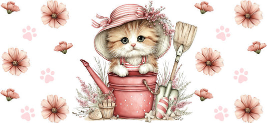 Watering Can Kitten Garden Theme UV DTF Cup Wrap for 16oz Glass Can