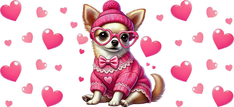 Valentine Chihuahua Pink Hearts UV DTF Cup Wrap for 16oz Glass Can