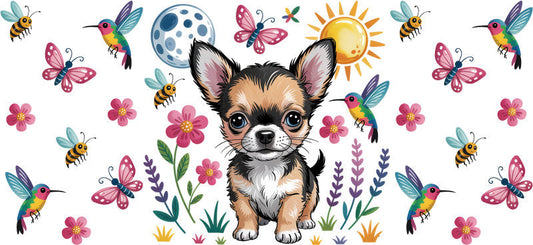Wildflower Chihuahua Puppy UV DTF Cup Wrap for 16oz Glass Can