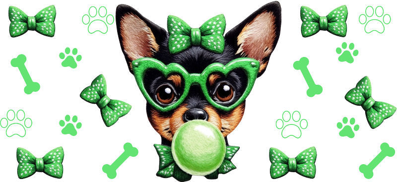 Green Bubblegum Chihuahua Dog UV DTF Cup Wrap for 16oz Glass Can