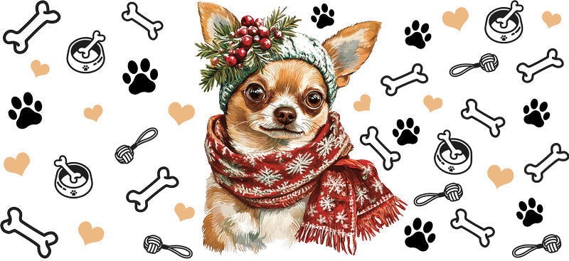 Cozy Winter Chihuahua Puppy UV DTF Cup Wrap for 16oz Glass Can