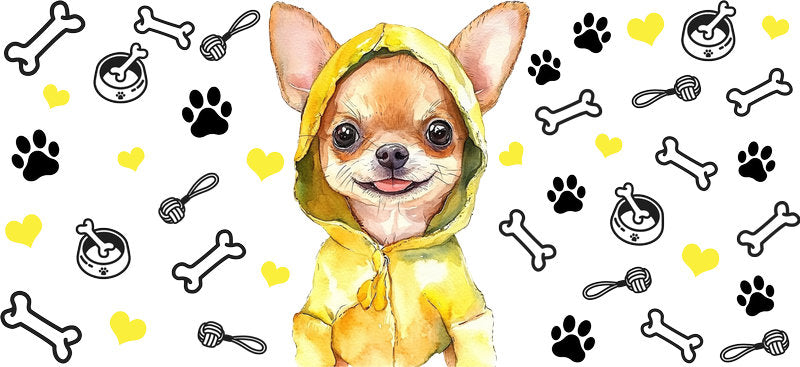 Yellow Raincoat Chihuahua Puppy UV DTF Cup Wrap for 16oz Glass Can