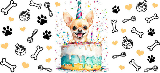 Birthday Chihuahua Cake Party UV DTF Cup Wrap for 16oz Glass Can