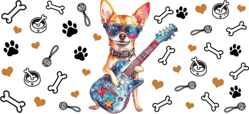 Rockstar Chihuahua Guitar Dog UV DTF Cup Wrap for 16oz Glass Can
