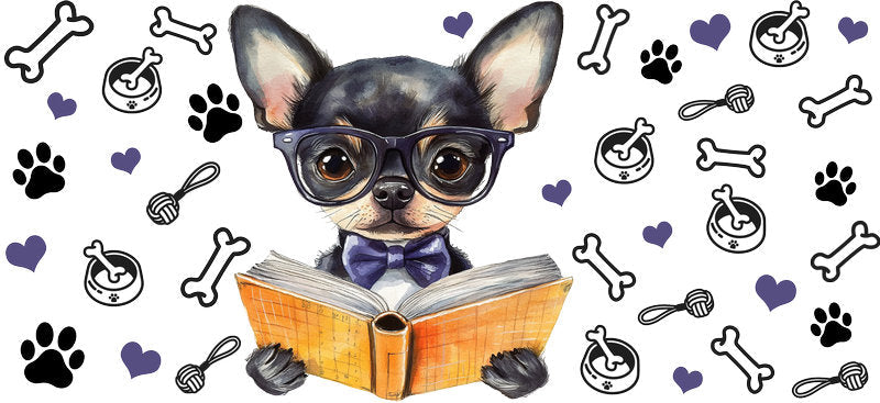 Bookworm Chihuahua Reading Glasses UV DTF Cup Wrap for 16oz Glass Can