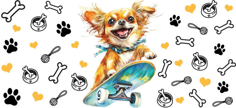 Skateboard Chihuahua Puppy Adventure UV DTF Cup Wrap for 16oz Glass Can