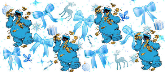 Blue monster bow themed UV DTF Cup Wrap for 16oz Libbey Glass