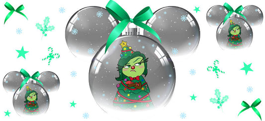 Green alien character in Christmas outfit, festive cup decal, winter theme