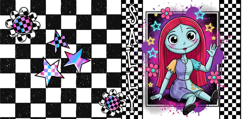 KA-9736 patchwork doll character uv dtf cup wrap for 16oz glass can custom cup decal spooky cute design