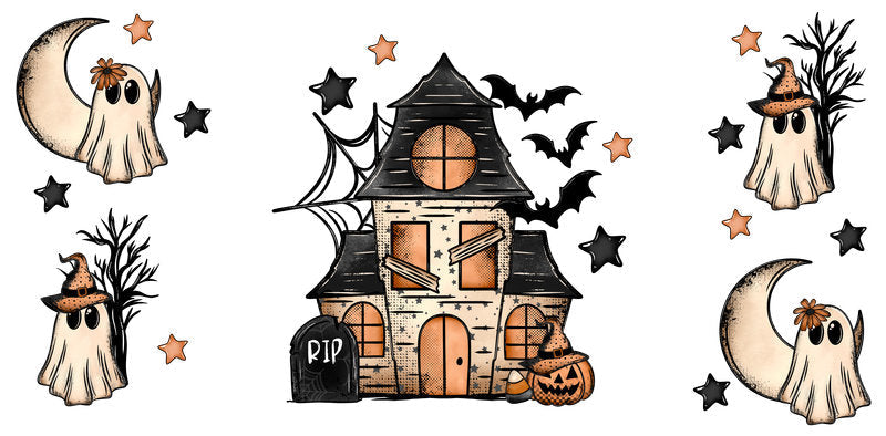 KA-9826 halloween haunted cottage spooky UV DTF cup wrap for 16oz glass can drinkware design