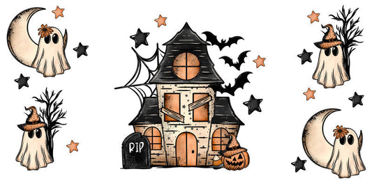 KA-9826 halloween haunted cottage spooky UV DTF cup wrap for 16oz glass can drinkware design