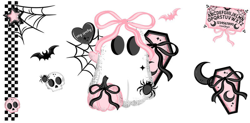 KA-9832 halloween pink bow spooky UV DTF cup wrap for 16oz glass can drinkware design
