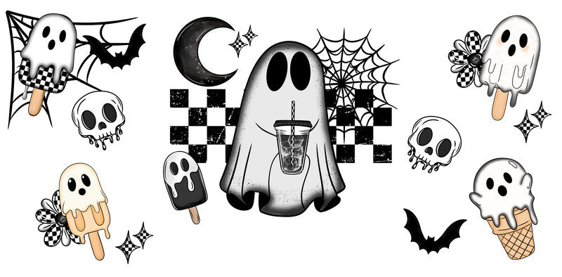 KA-9834 halloween ghost checkerboard spooky UV DTF cup wrap for 16oz glass can drinkware design