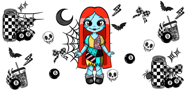 KA-9836 halloween spooky doll inspired UV DTF cup wrap for 16oz glass can drinkware design