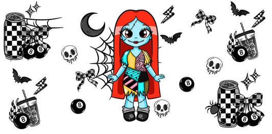 KA-9836 halloween spooky doll inspired UV DTF cup wrap for 16oz glass can drinkware design