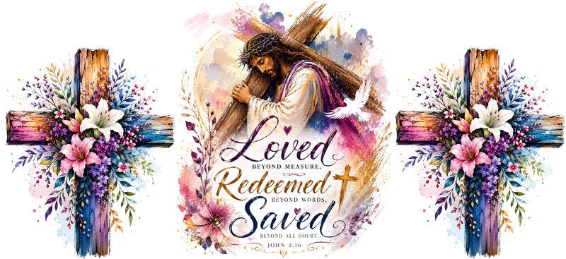 KA-9887 Jesus redeemed UV DTF cup wrap 16oz glass can cross design
