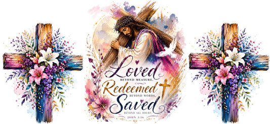KA-9887 Jesus redeemed UV DTF cup wrap 16oz glass can cross design