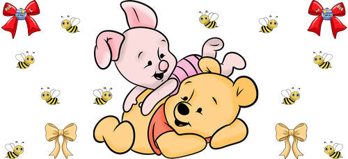 Honey Bear and Piglet Cuddle Pattern illustration with golden bear and pink piglet cuddling with red bows, 16oz glass can wrap design