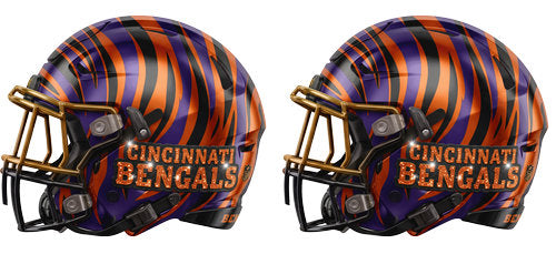 Twin orange football helmets with black accents and a striped helmet graphic UV DTF transfer for a 16oz glass can