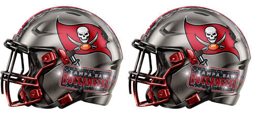 Twin pewter football helmets with red accents and a pirate flag graphic UV DTF transfer for a 16oz glass can