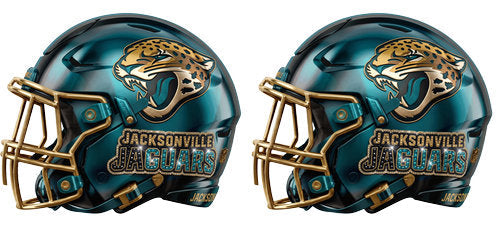 Twin teal football helmets with gold accents and a jaguar head graphic UV DTF transfer for a 16oz glass can