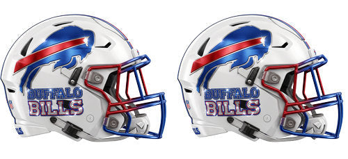 Twin white football helmets with red and blue accents and a charging buffalo graphic UV DTF transfer for a 16oz glass can