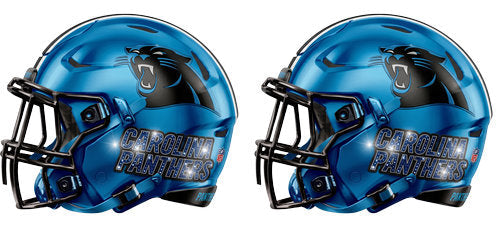Twin electric blue football helmets with black accents and a panther silhouette graphic UV DTF transfer for a 16oz glass can