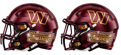 Twin burgundy football helmets with gold accents and a bold W letter graphic UV DTF transfer for a 16oz glass can