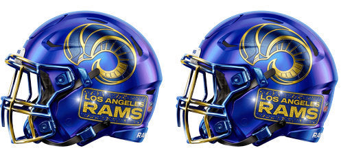 Twin royal blue football helmets with gold accents and a spiral horn graphic UV DTF transfer for a 16oz glass can