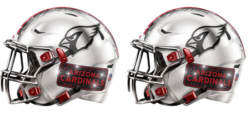 Twin white football helmets with cardinal red accents and a bird head graphic UV DTF transfer for a 16oz glass can