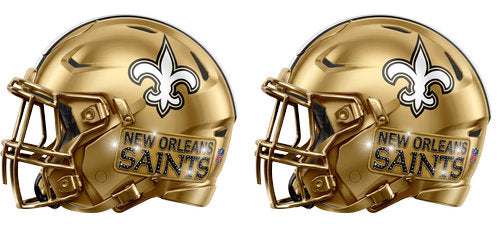 Twin metallic gold football helmets with black accents and a fleur-de-lis graphic UV DTF transfer for a 16oz glass can