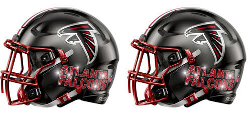 Twin black football helmets with red accents and a falcon silhouette graphic UV DTF transfer for a 16oz glass can