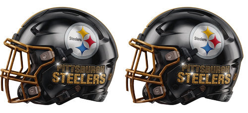 Twin black football helmets with gold accents and a steel diamond graphic UV DTF transfer for a 16oz glass can