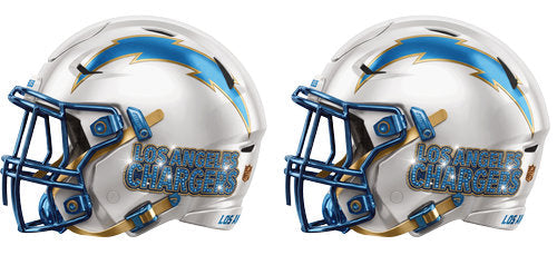 Twin white football helmets with powder blue and yellow accents and a lightning bolt graphic UV DTF transfer for a 16oz glass can