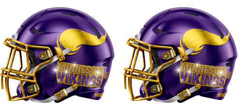 Twin purple football helmets with gold accents and a horn emblem graphic UV DTF transfer for a 16oz glass can